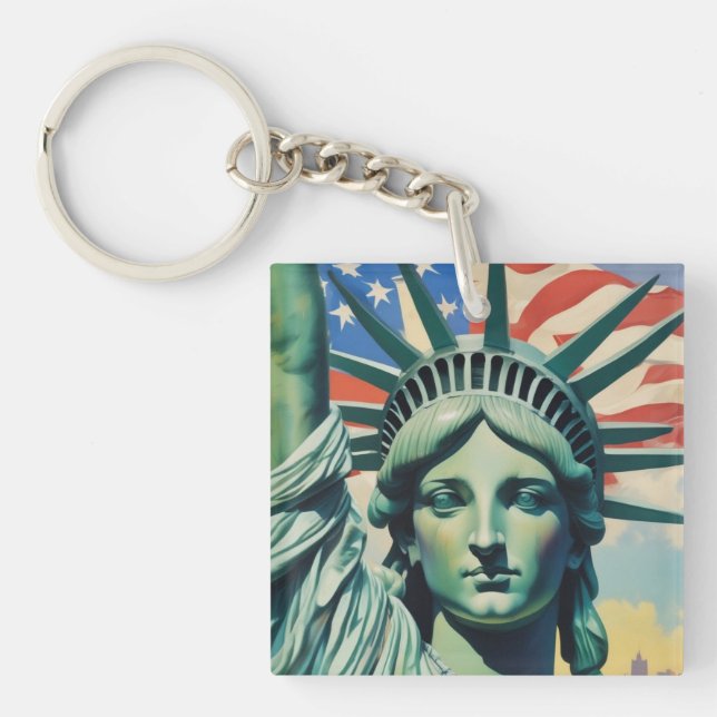 Statue of Liberty & American Flag Art New York Keychain (Front)