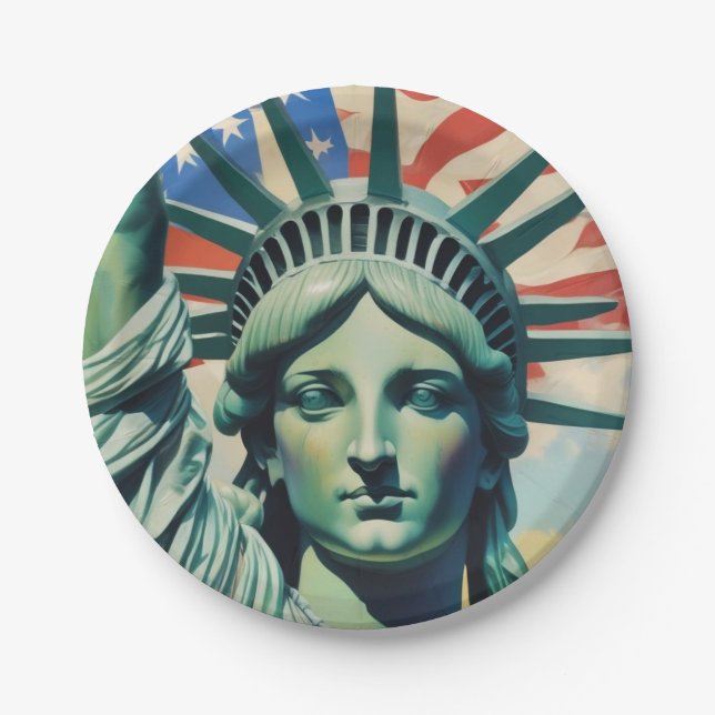 Statue of Liberty & American Flag Art New York Paper Plates (Front)