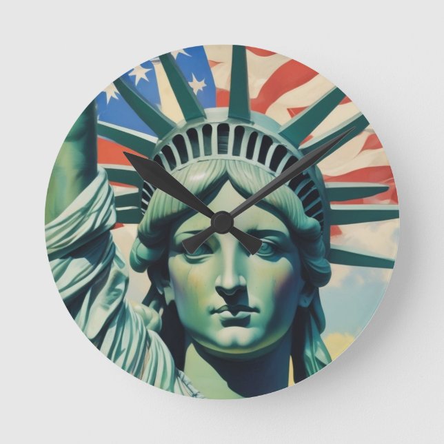 Statue of Liberty & American Flag Art New York Round Clock (Front)