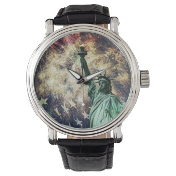 Statue Of Liberty & American Flag With Fireworks Watch by Lasting__Impressions at Zazzle