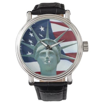 Statue Of Liberty And American Flag Watch by deemac1 at Zazzle