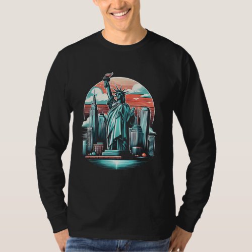 Statue of Liberty and New York Cityscape Graphic  T_Shirt