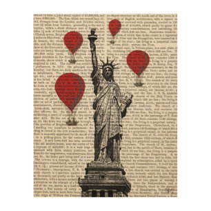 Statue Of Liberty and Red Hot Air Balloons Wood Wall Art