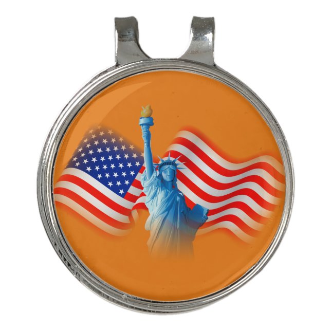 Statue of Liberty and USA flag Golf Hat Clip (Front)