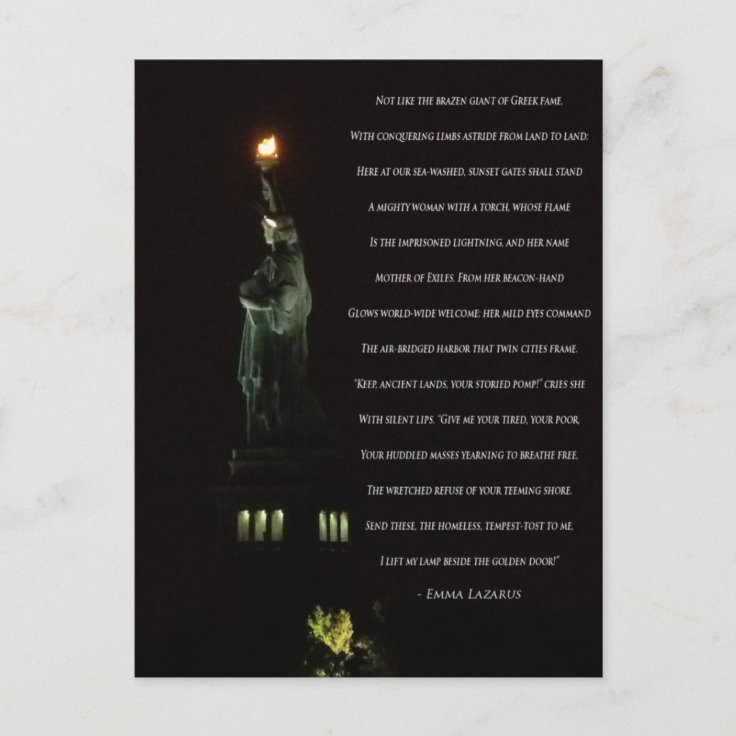 Statue Of Liberty At Night/Emma Lazarus Poem Postcard | Zazzle