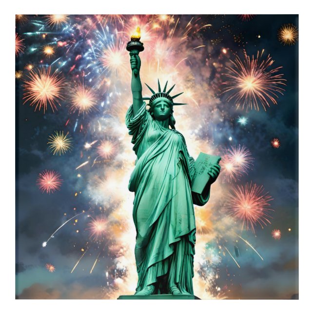 Statue Of Liberty Fireworks Independence Day, Acrylic Print (Front)