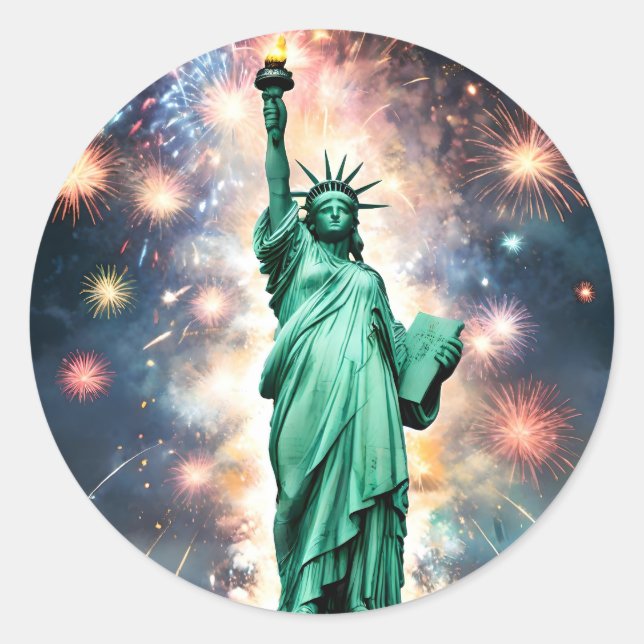 Statue Of Liberty Fireworks Independence Day, Classic Round Sticker (Front)