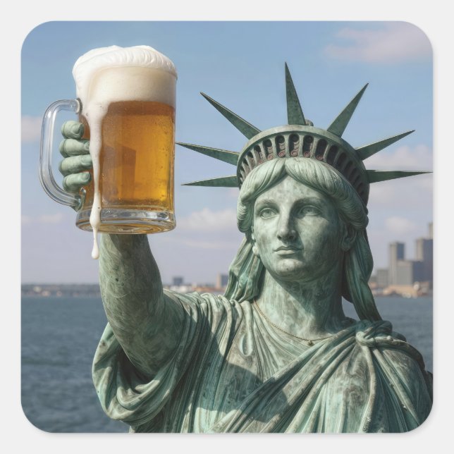 Statue of Liberty Holding Up a Beer Mug Square Sticker (Front)