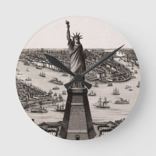Statue Of Liberty In New York Harbor Round Clock
