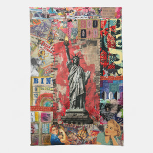 Statue of Liberty Mixed Media Collage Art Kitchen Towel