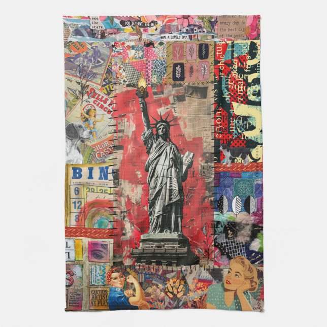 Statue of Liberty Mixed Media Collage Art Kitchen Towel (Vertical)