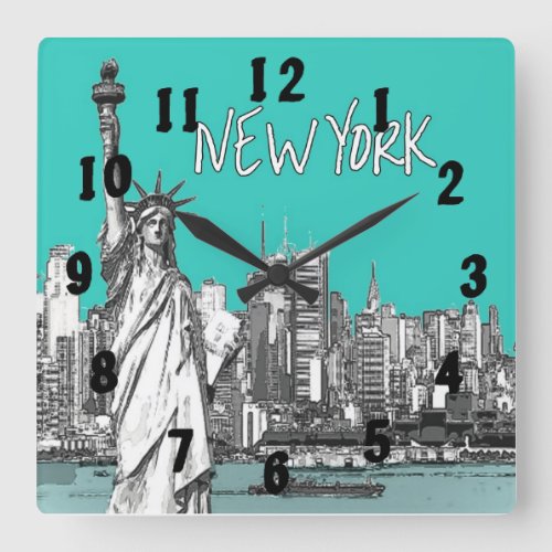 Statue of Liberty New York America Teal Square Wall Clock