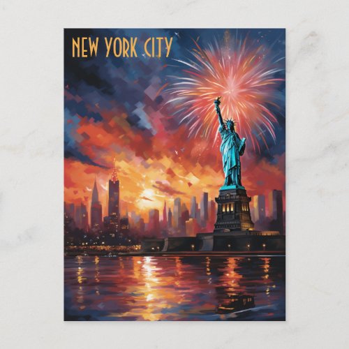 Statue of Liberty New York City Fireworks Travel Postcard