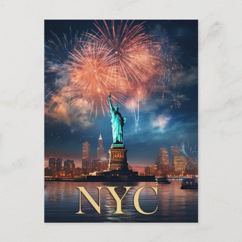 Statue of Liberty New York City Fireworks Travel Postcard