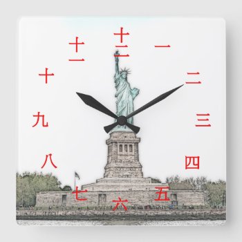 Statue Of Liberty New York - Red Chinese Numerals Square Wall Clock by CreativeMastermind at Zazzle