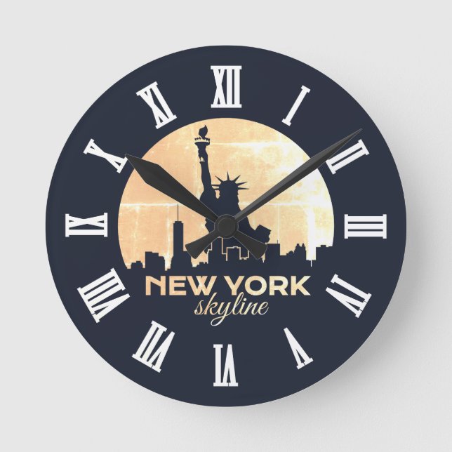 Statue of Liberty New York Skyline Silhouette Round Clock (Front)