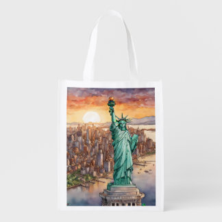 Statue of Liberty: Watercolor Sunset over the city Grocery Bag