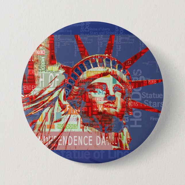 Statue of Liberty with 4th of July Word Cloud Pinback Button (Front)