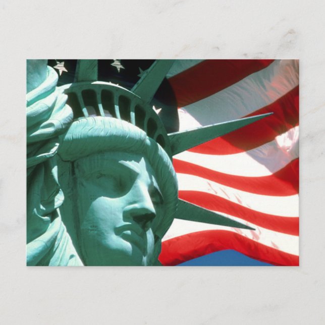 STATUE OF LIBERTY WITH AMERICAN FLAG POSTCARD (Front)