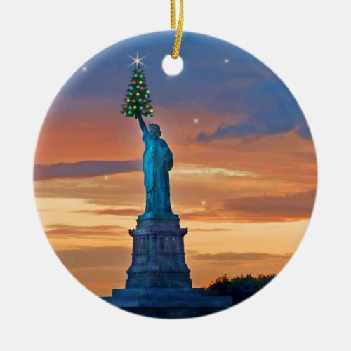 Statue of Liberty with Christmas Tree Ceramic Ornament