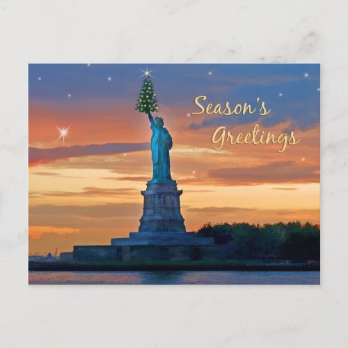 Statue of Liberty with Christmas Tree Holiday Postcard