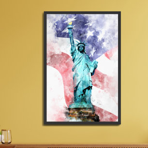 Statue of Liberty with flag watercolor Framed Art