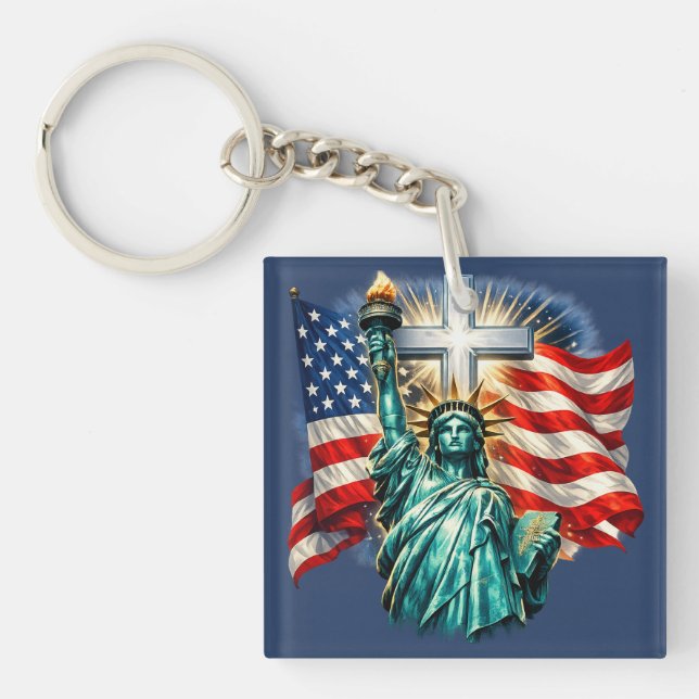 Statue of Liberty with Flags and Cross Keychain (Front)