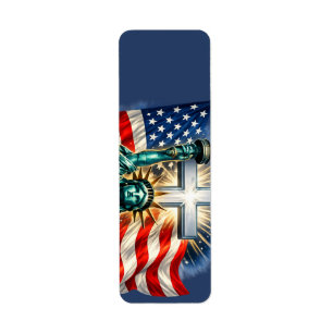Statue of Liberty with Flags and Cross Label