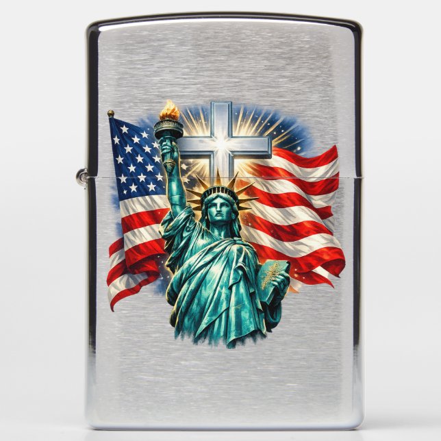 Statue of Liberty with Flags and Cross Zippo Lighter (Front)