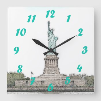 Statue Of Liberty With Green Numerals Square Wall Clock by CreativeMastermind at Zazzle
