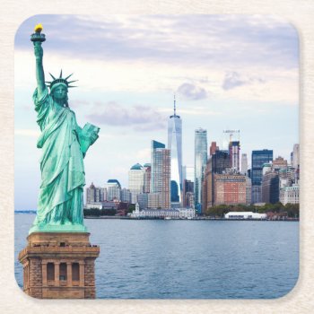 Statue Of Liberty With World Trade Center Square Paper Coaster by iconicnewyork at Zazzle