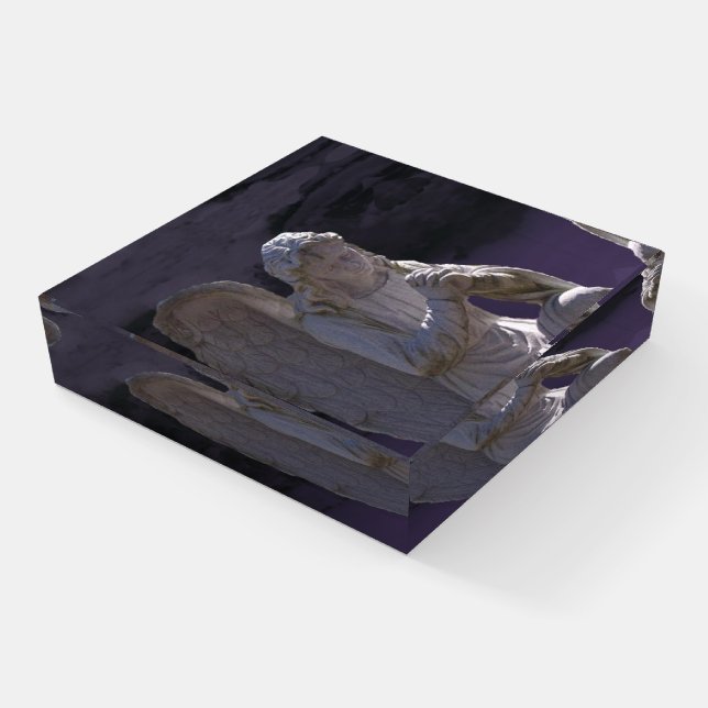 Statue White Stone Praying Angel Purple Paperweight (Angled)