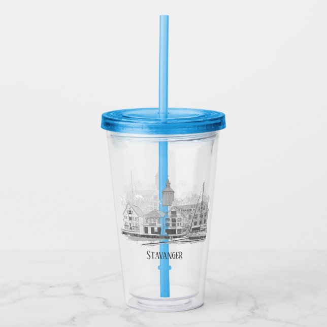 Stavanger Norway Beautiful Streetscape Drawing Acrylic Tumbler (Front)