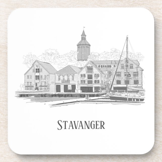 Stavanger Norway Beautiful Streetscape Drawing Beverage Coaster (Front)