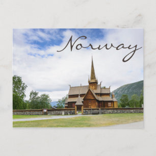 Stave church in Lom, Norway text postcard