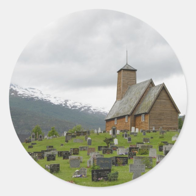 Stave church with graveyard, Norway round sticker (Front)