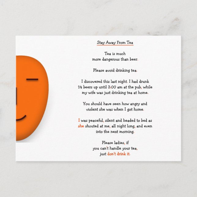 Stay Away from Tea Not Beer Funny Wife Joke Humour Postcard (Front)