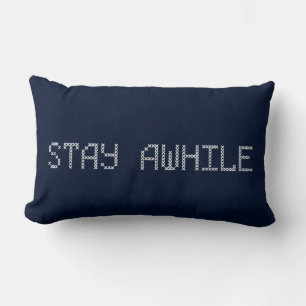 Stay Awhile Cross Stitch on Blue Lumbar Pillow
