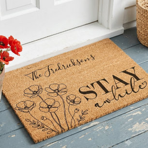 Stay Awhile Floral Line Art Fiber Doormat