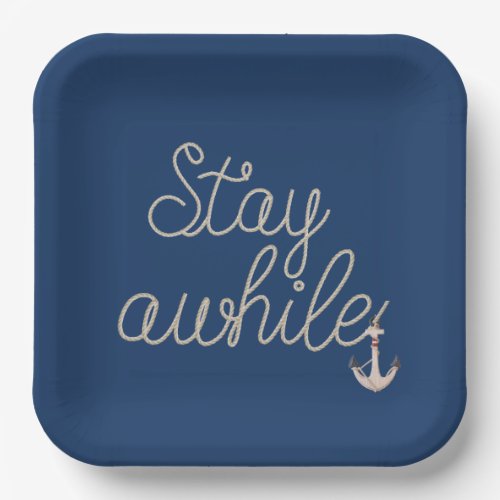 Stay Awhile Nautical Rope on Blue Paper Plates