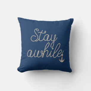 Stay Awhile Nautical Rope on Blue Throw Pillow