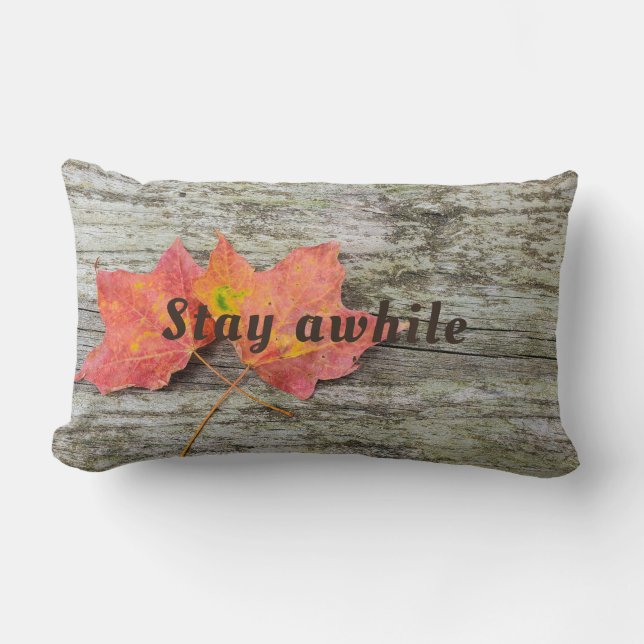 Stay Awhile quote with autumn leaves Lumbar Pillow (Front)