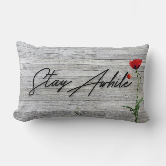 Stay Awhile quote with red poppy Lumbar Pillow (Front)