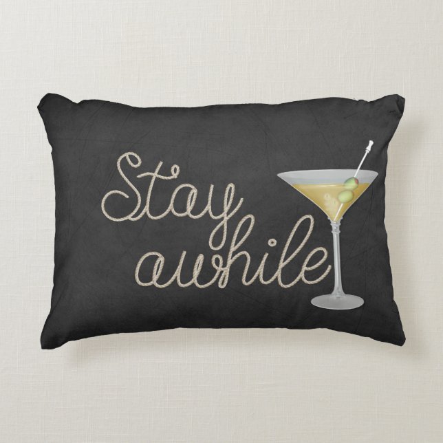 "stay awhile" rope on black accent pillow (Front)