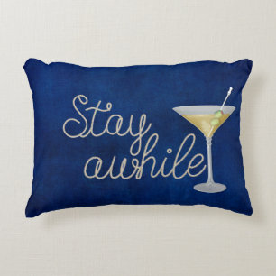 "stay awhile" rope on blue accent pillow