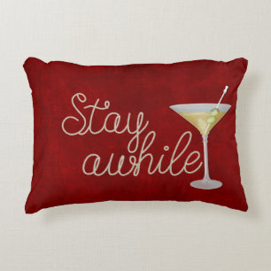 "stay awhile" rope on red accent pillow