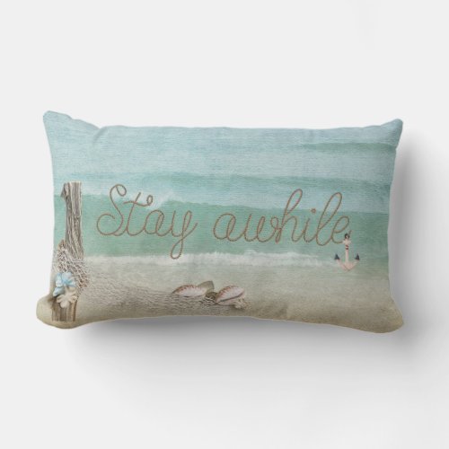 Stay Awhile rope text on watercolor Lumbar Pillow