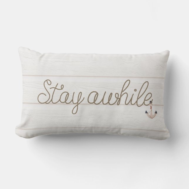 Stay Awhile rope text on whitewashed wood Lumbar Pillow (Front)