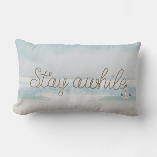 Stay Awhile rope text with anchor on ocean Lumbar Pillow (Front)