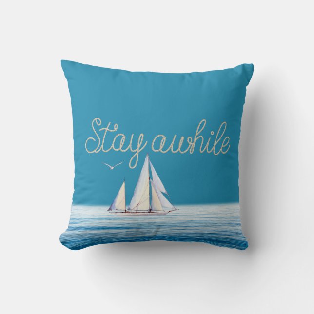 Stay Awhile Rope with Sailboat Throw Pillow (Front)